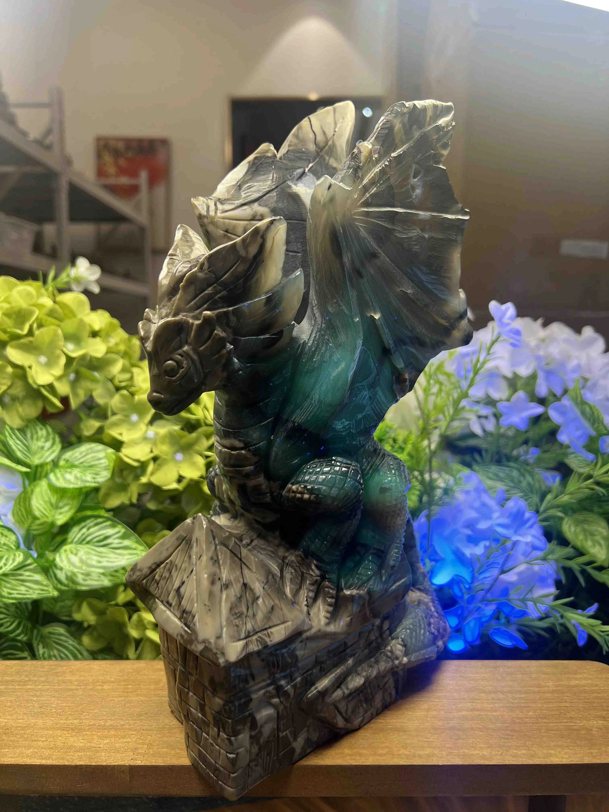 Large Volcanic Agate Dragon on Castle Carving – 11.7-Inch Natural Stone Sculpture, Collector Home Decor