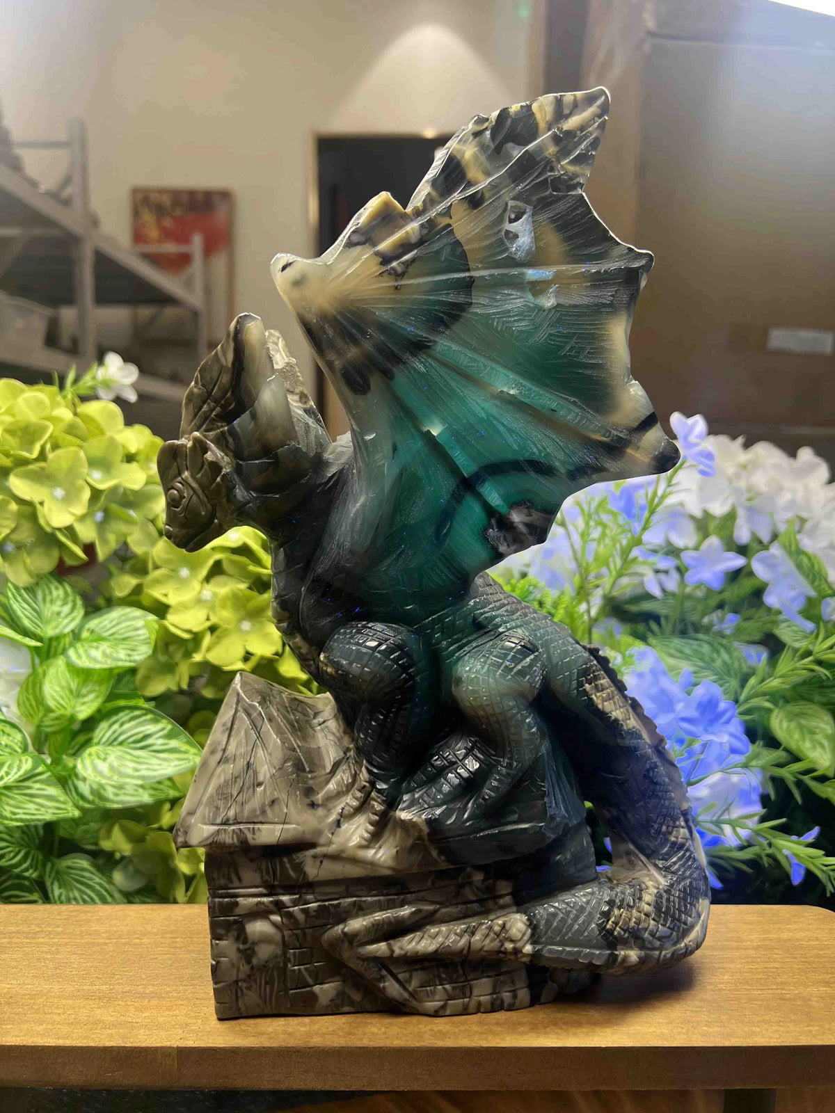 Large Volcanic Agate Dragon on Castle Carving – 11.7-Inch Natural Stone Sculpture, Collector Home Decor