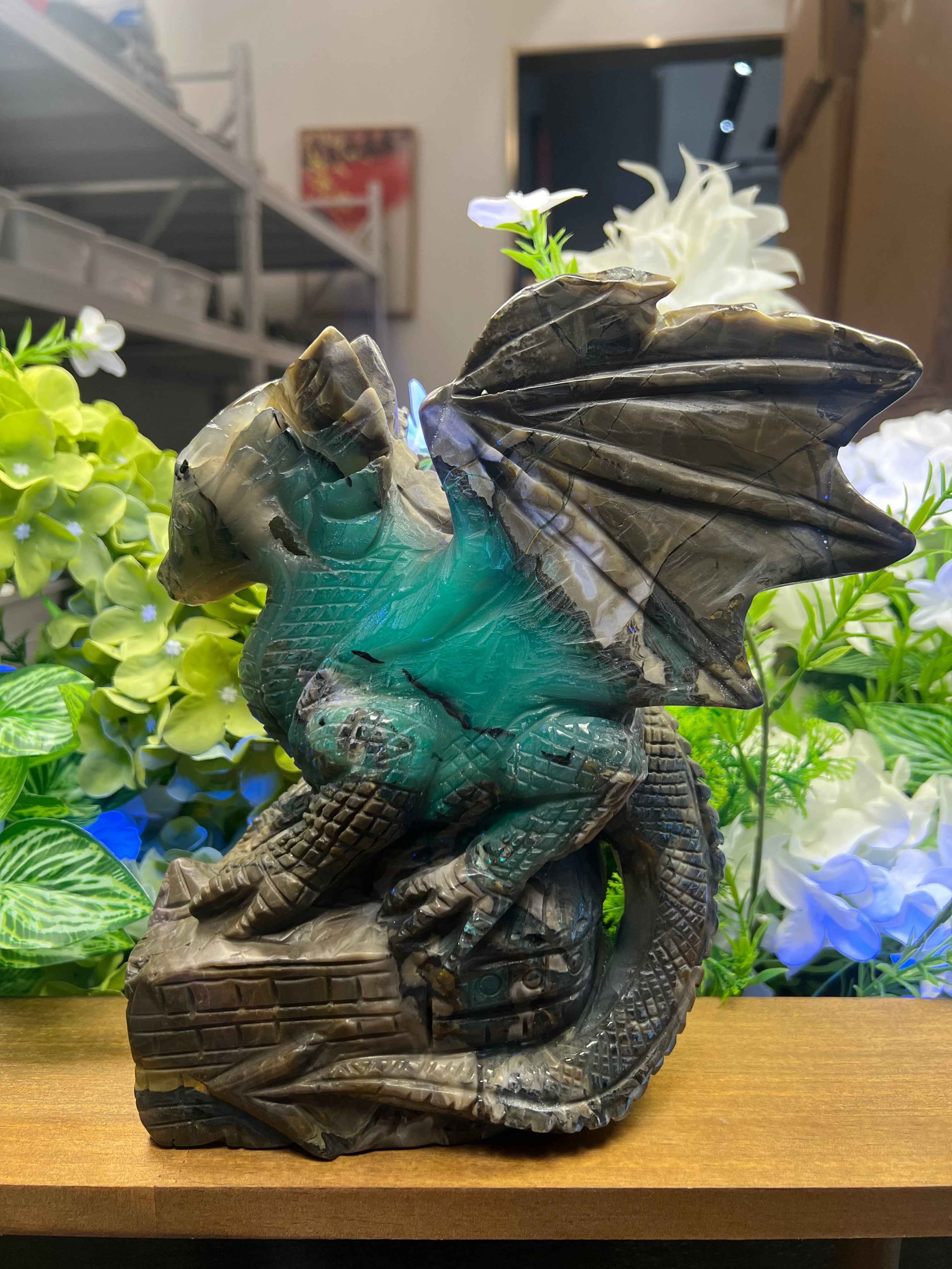 Volcanic Agate Dragon Sculpture (Medium,2.98*6.87*9.32,7.93lb)