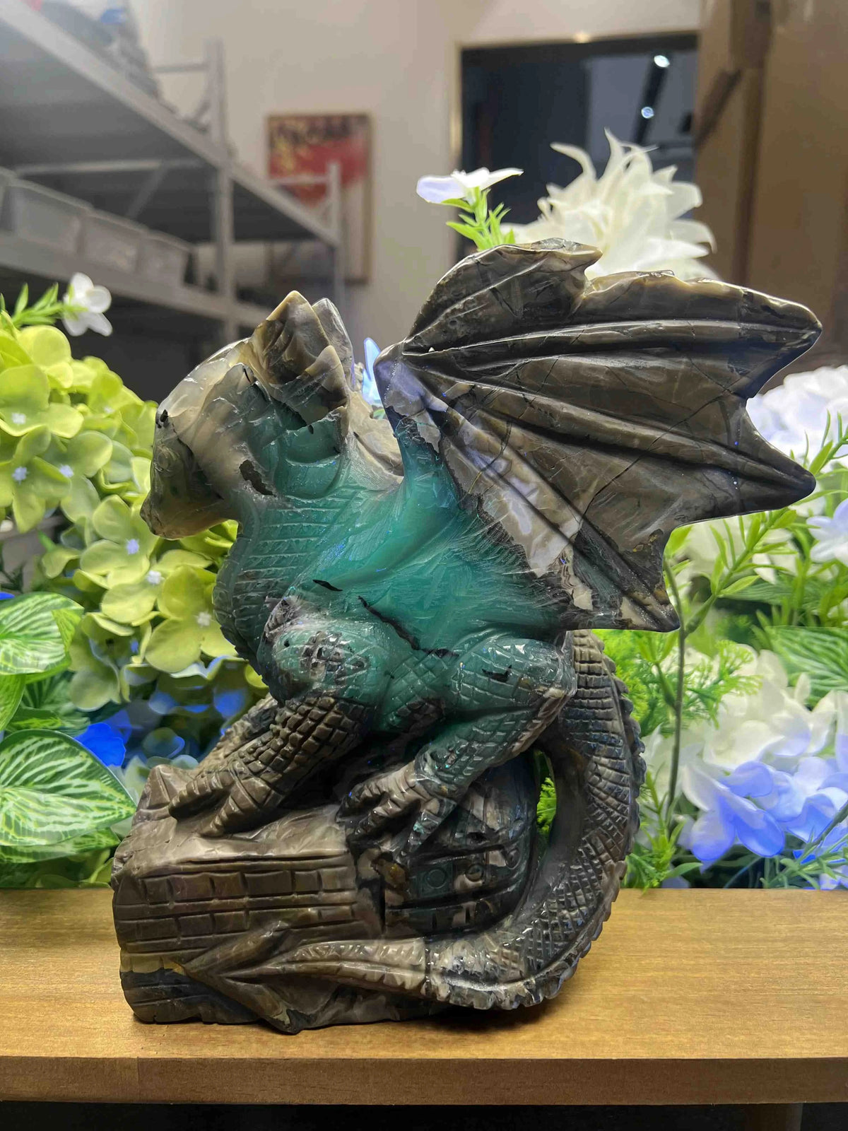 Medium Volcanic Agate Dragon on Castle Carving – 9.3-Inch Natural Stone Sculpture, Collector Home Decor
