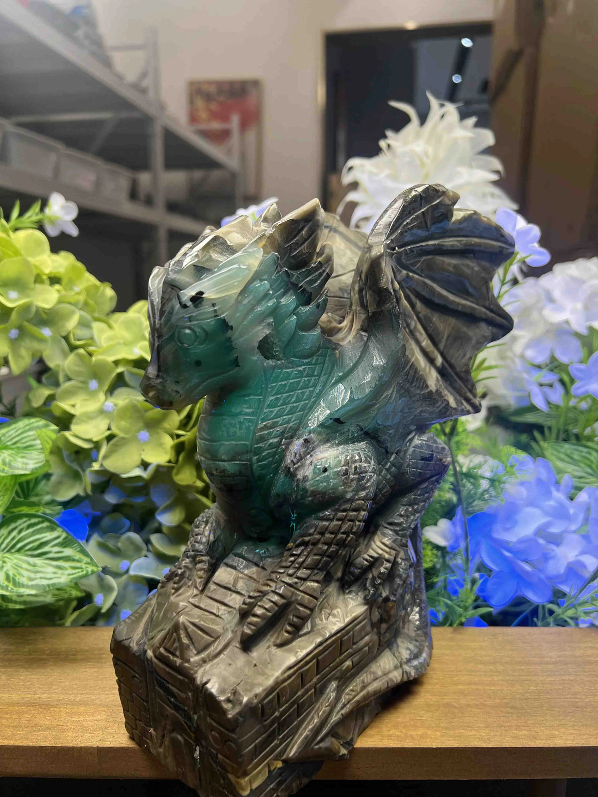Medium Volcanic Agate Dragon on Castle Carving – 9.3-Inch Natural Stone Sculpture, Collector Home Decor