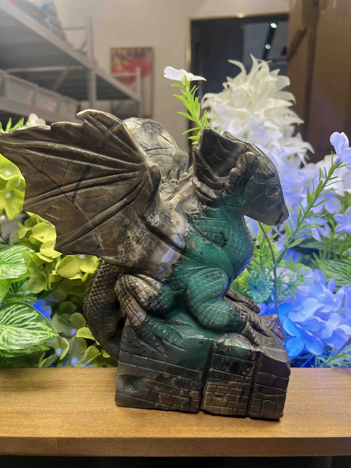 Medium Volcanic Agate Dragon on Castle Carving – 9.3-Inch Natural Stone Sculpture, Collector Home Decor