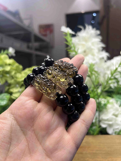 12mm Black Obsidian Bracelet with Smoky Quartz Pixiu Charm – Natural Stone Beaded Bracelet, Unisex