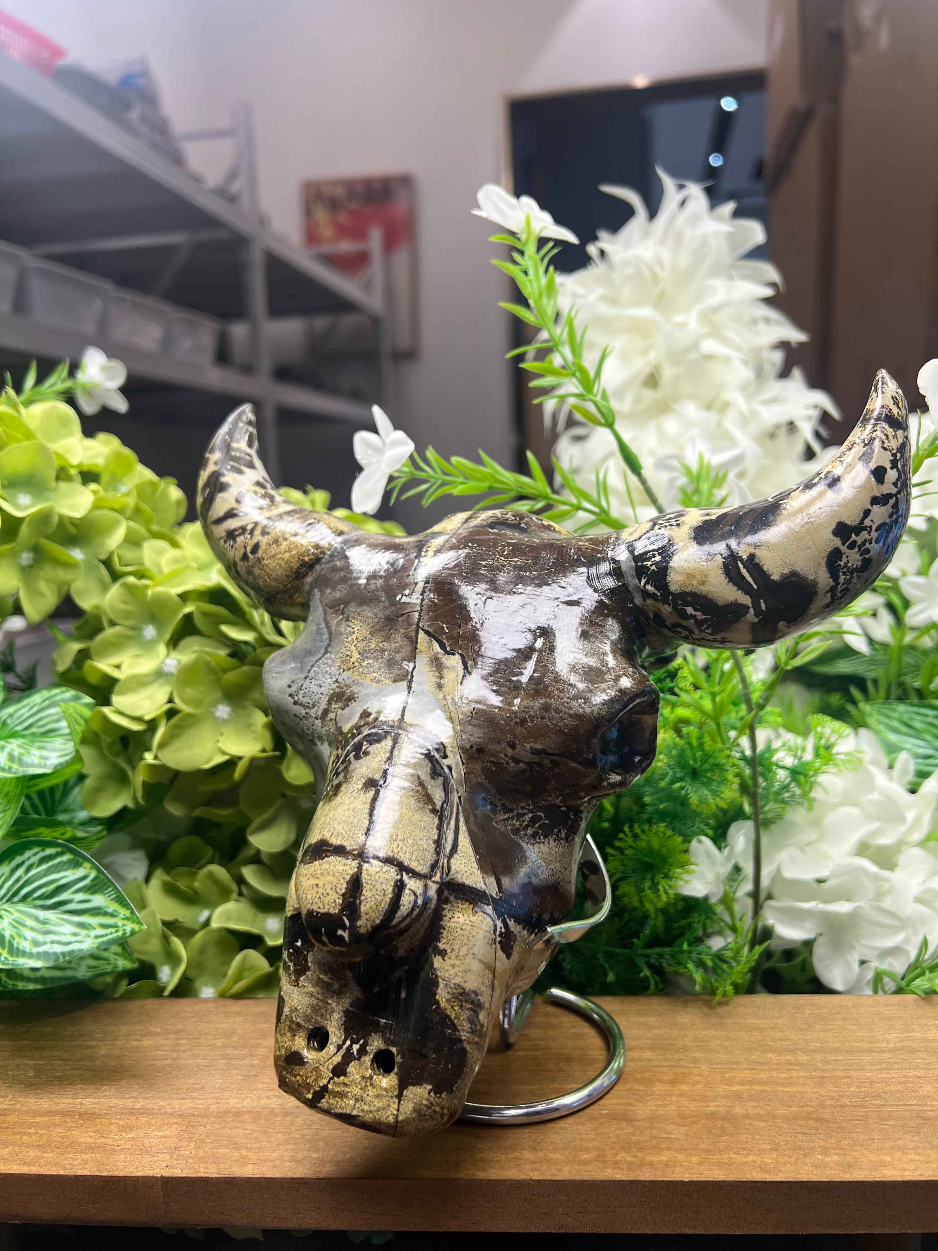 Picture Jasper Bull Skull Carving with Metal Stand(Medium, 3.20*8.70*7.32, 4.66lb)