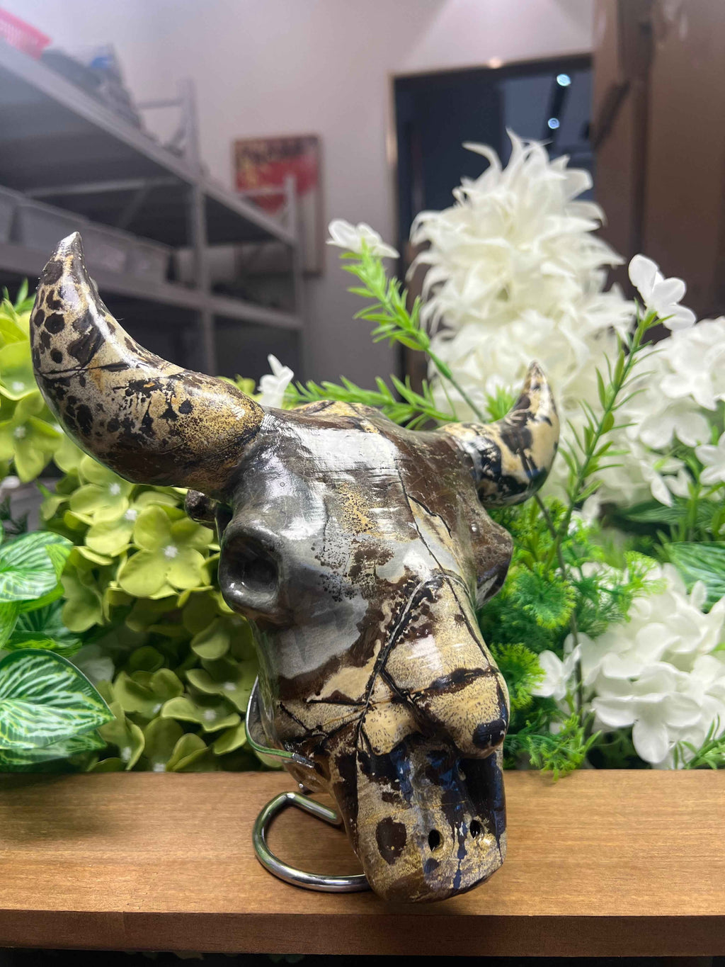 Picture Jasper Bull Skull Carving with Metal Stand(Medium, 3.20*8.70*7.32, 4.66lb)