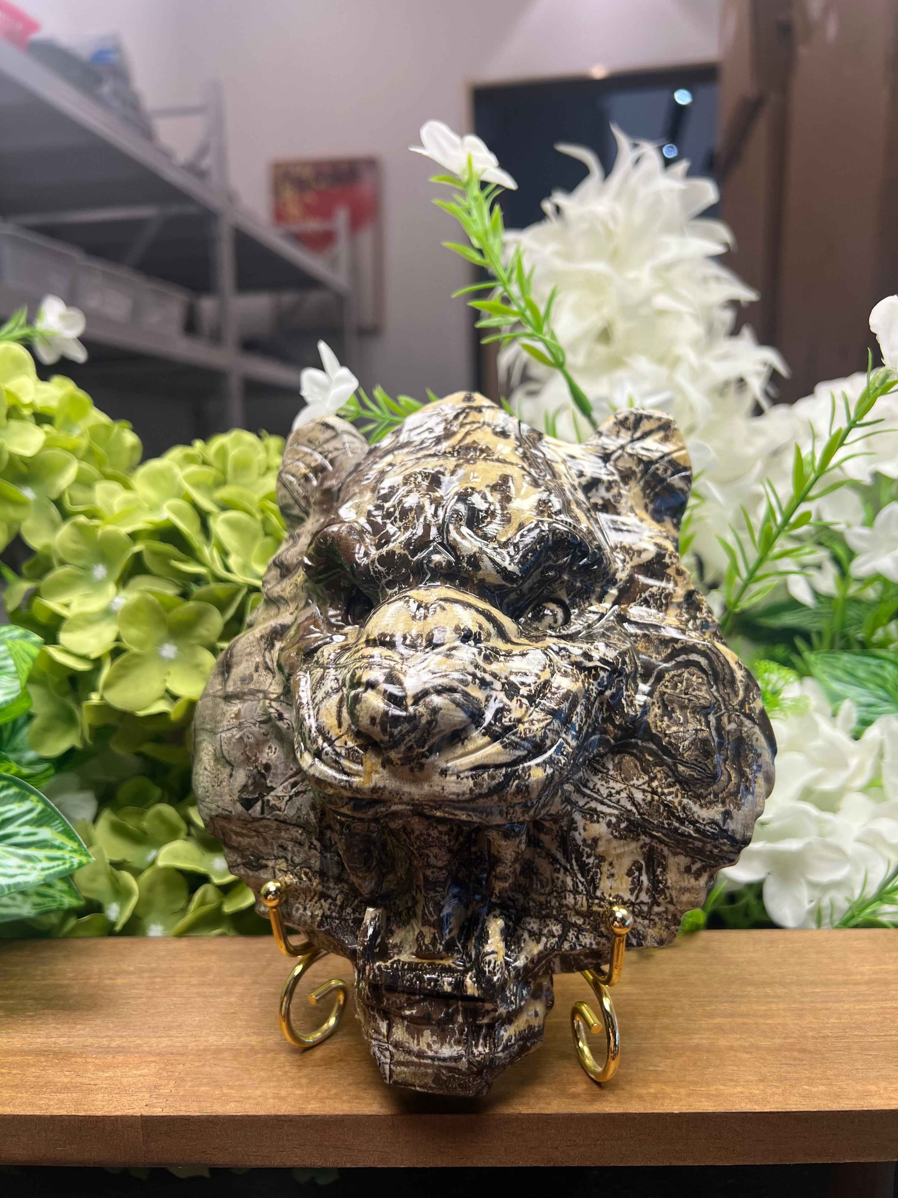 Tiger Face Picture Jasper Carving with Metal Stand(Medium, 3.77*6.36*7.59, 4.15lb)