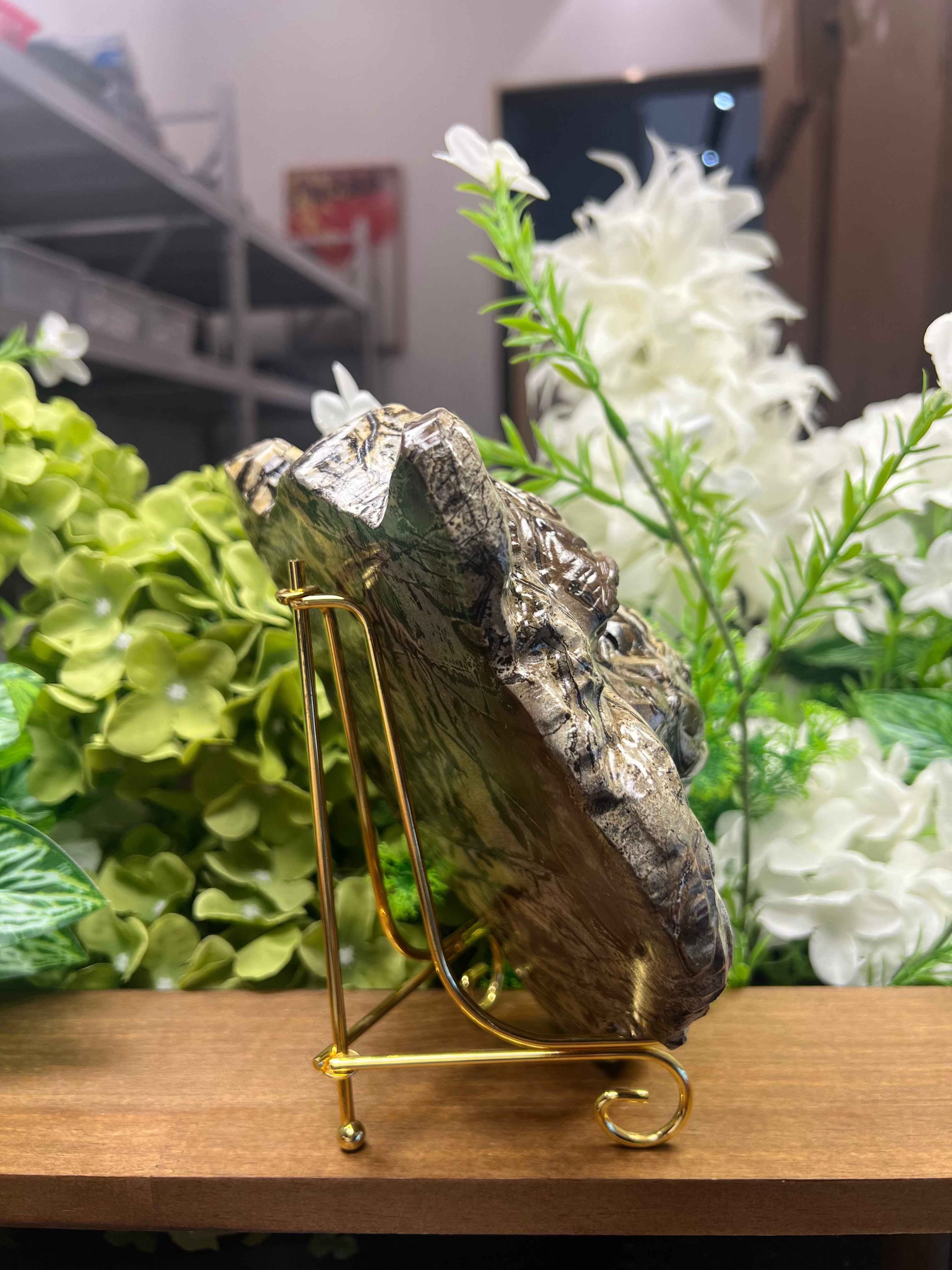 Tiger Face Picture Jasper Carving with Metal Stand(Medium, 3.77*6.36*7.59, 4.15lb)