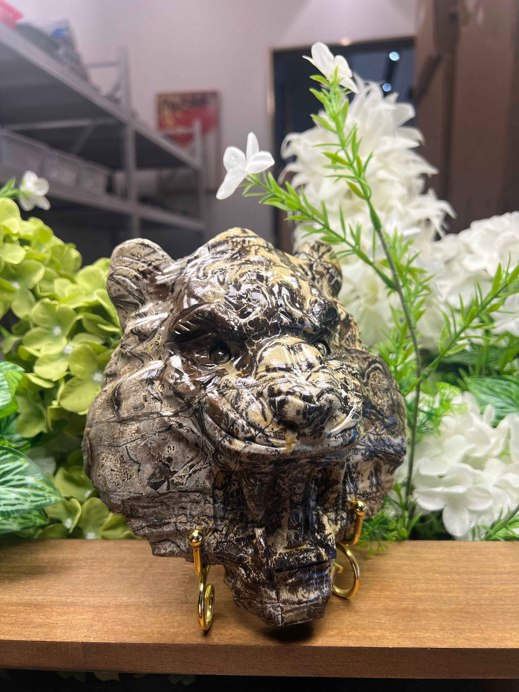 Tiger Face Picture Jasper Carving with Metal Stand(Medium, 3.77*6.36*7.59, 4.15lb)