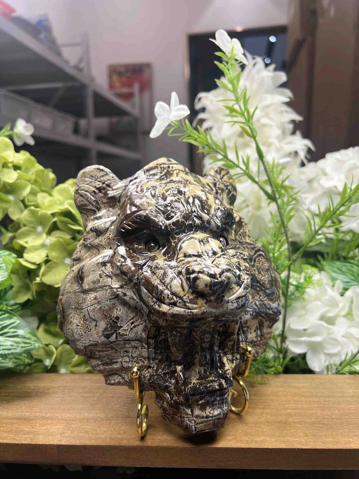 Medium Picture Jasper Tiger Face Carving with Metal Stand – 7.6-Inch Natural Stone Tiger Head Sculpture, Animal Decor