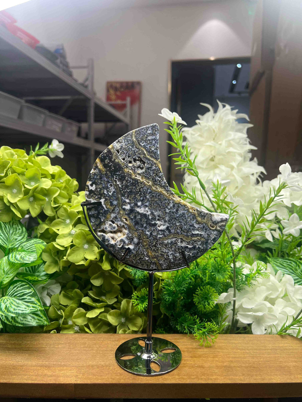 Ocean Jasper Moon Carving with Metal Stand(Medium, 5.69", 1.135lb)