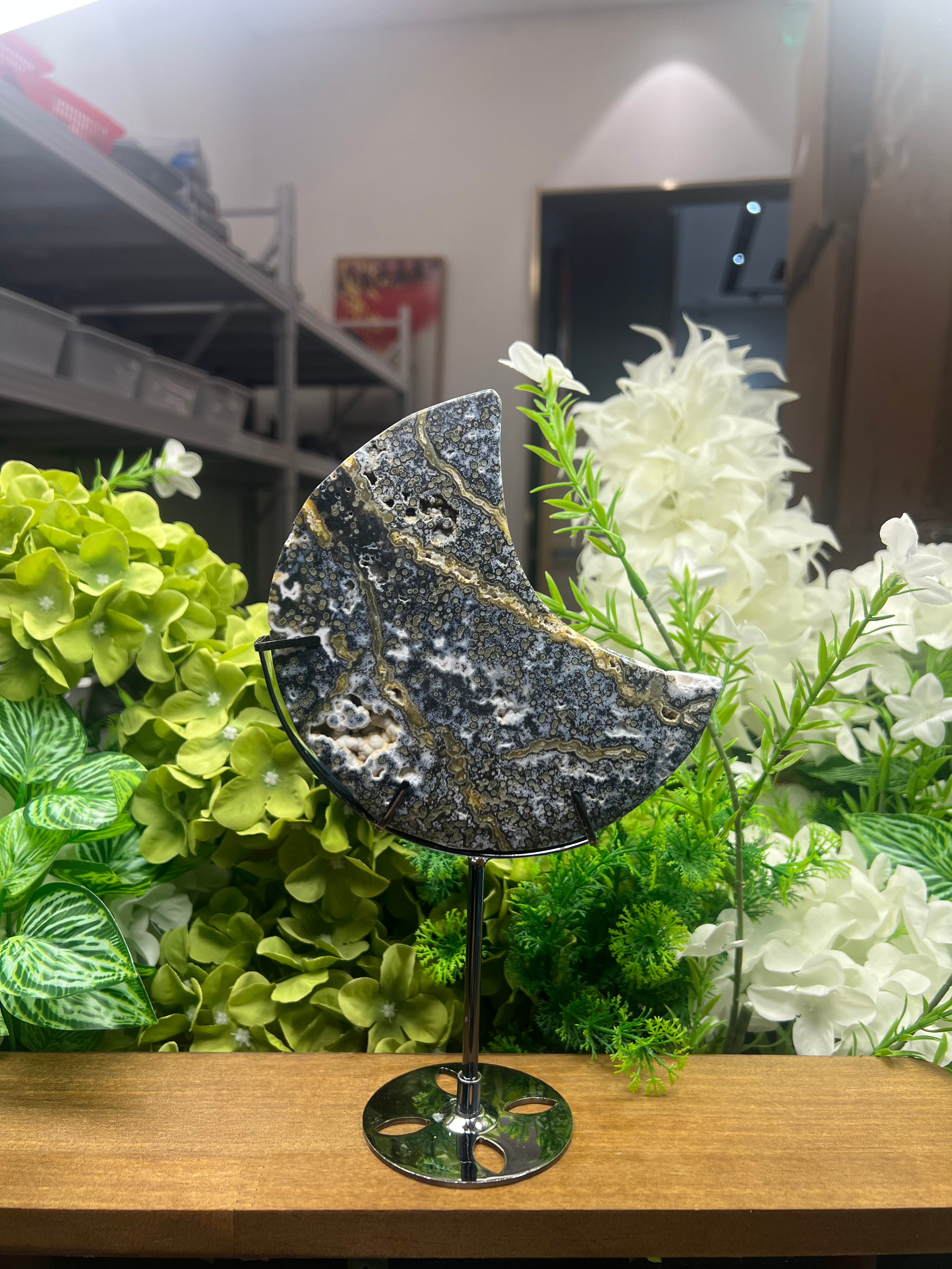 Ocean Jasper Moon Carving with Metal Stand(Medium, 5.69", 1.135lb) - Art Deco Crystals
