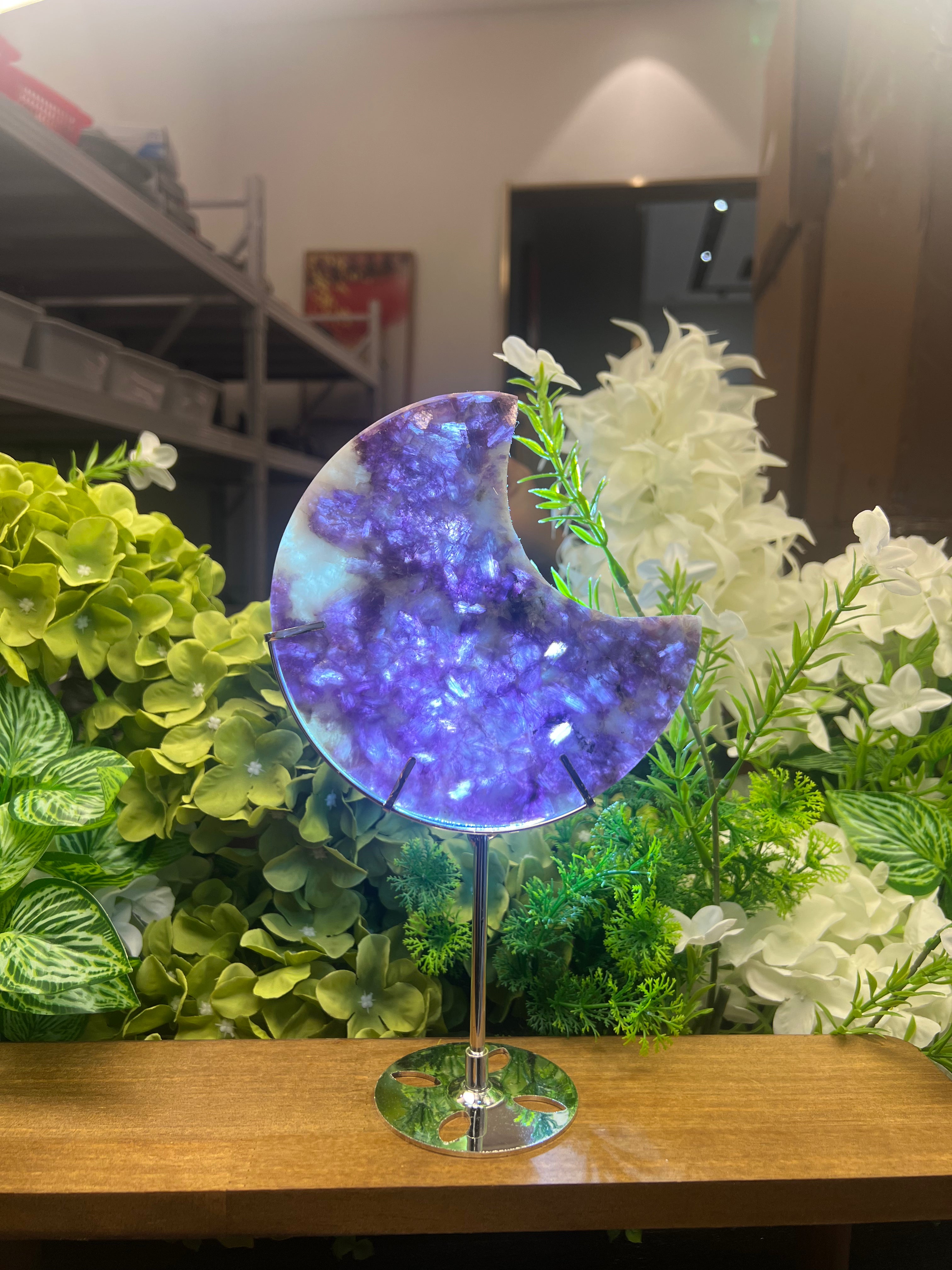 Purple Mica Moon Carving with Metal Stand(Medium, 5.59", 0.76lb) - Art Deco Crystals