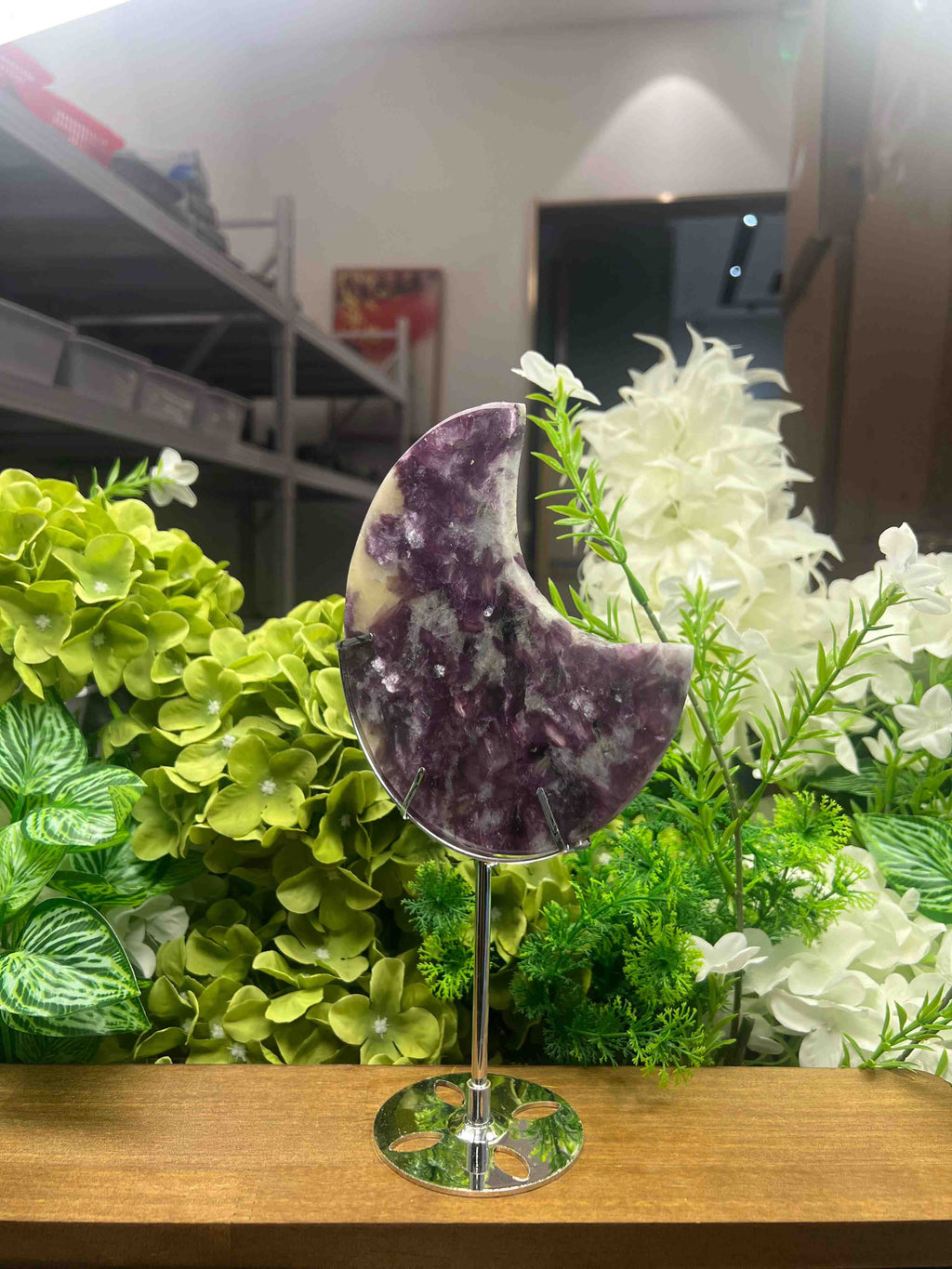 Purple Mica Moon Carving with Metal Stand(Medium, 5.59", 0.76lb)