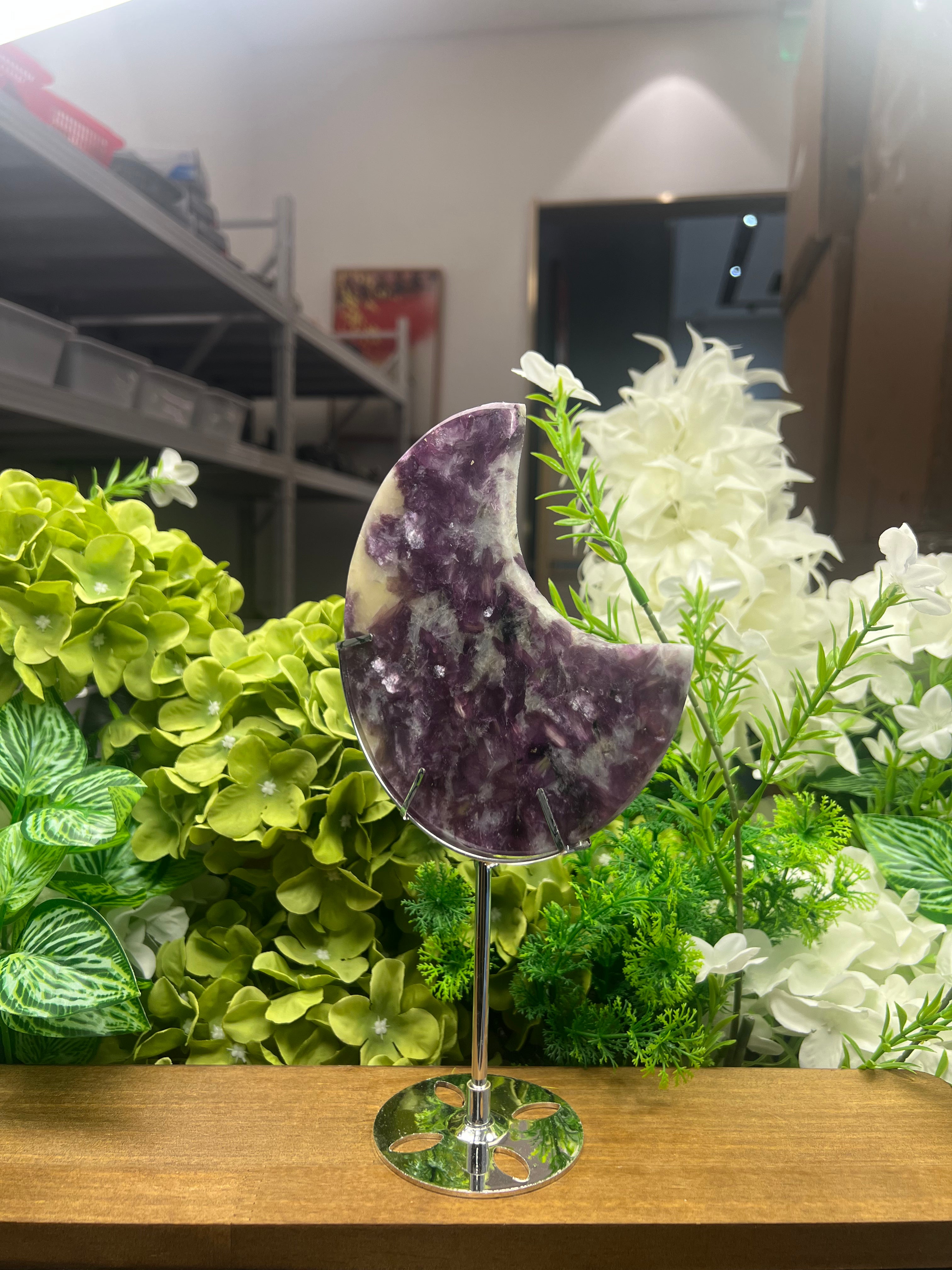 Purple Mica Moon Carving with Metal Stand(Medium, 5.59", 0.76lb) - Art Deco Crystals