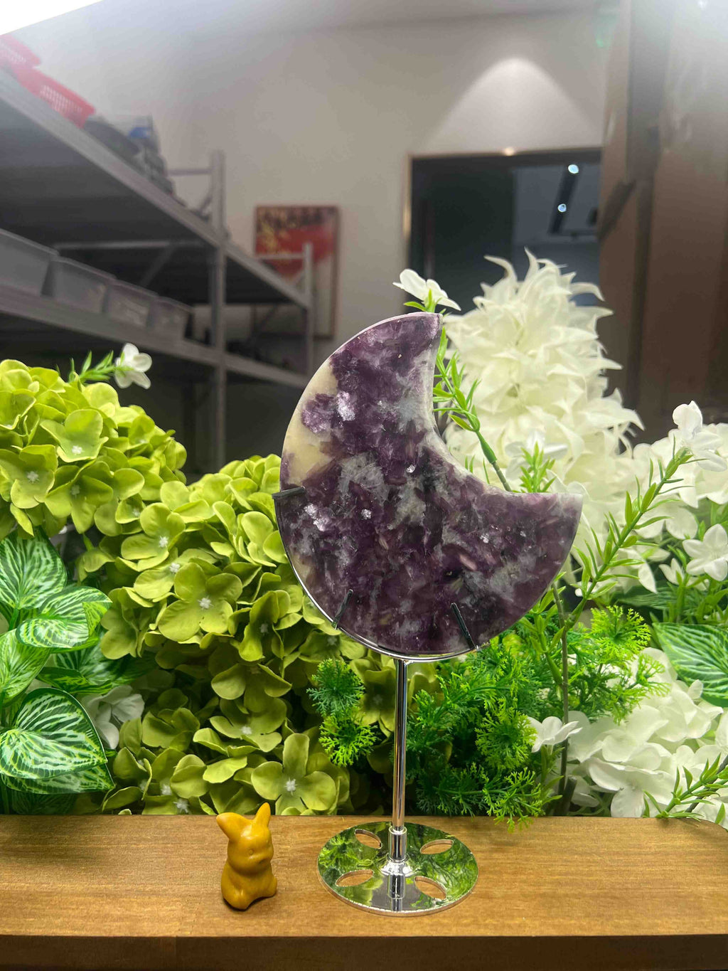 Purple Mica Moon Carving with Metal Stand(Medium, 5.59", 0.76lb)