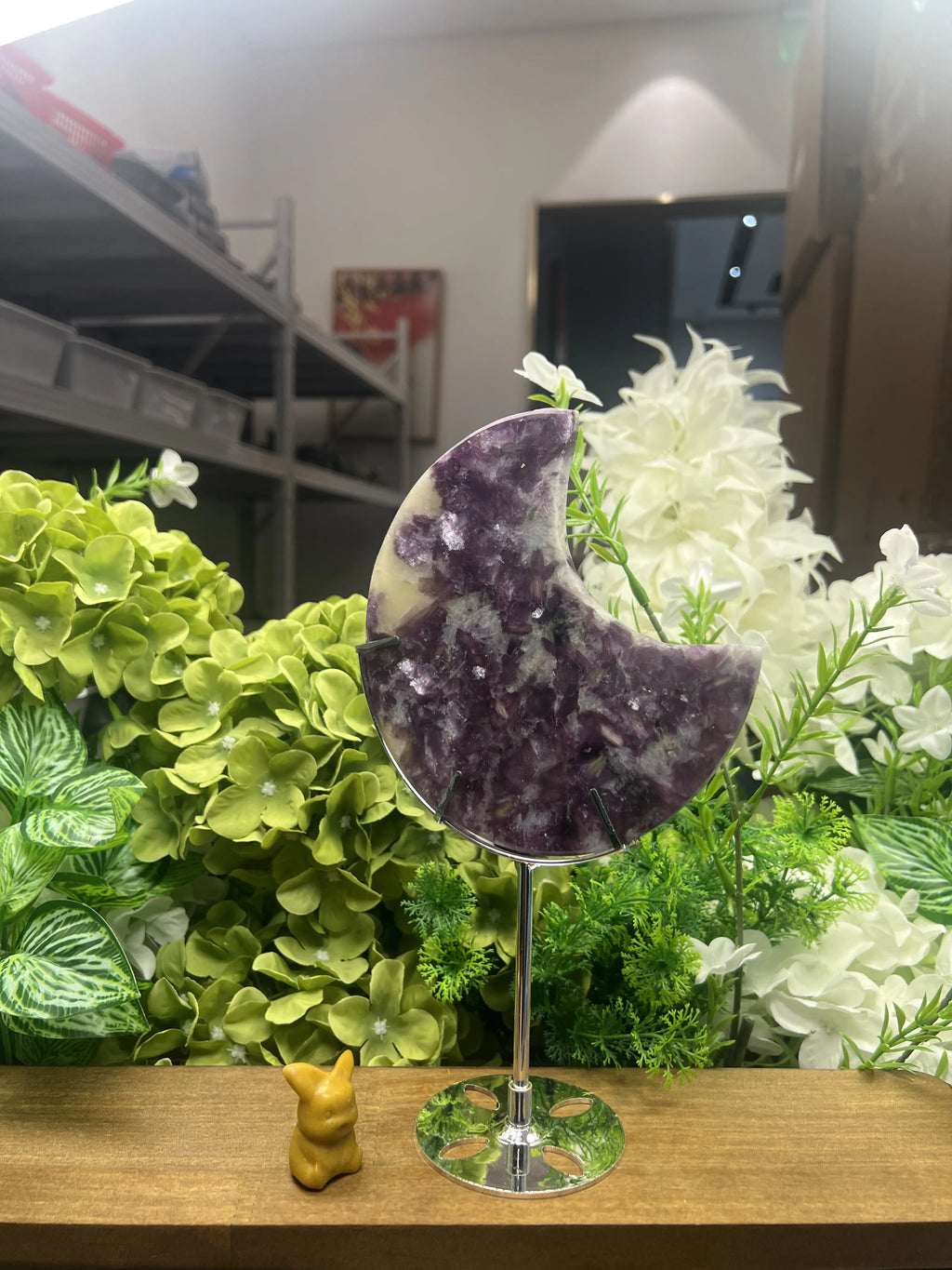 Medium Purple Mica Moon Carving with Metal Stand – 5.6-Inch Natural Stone Sculpture