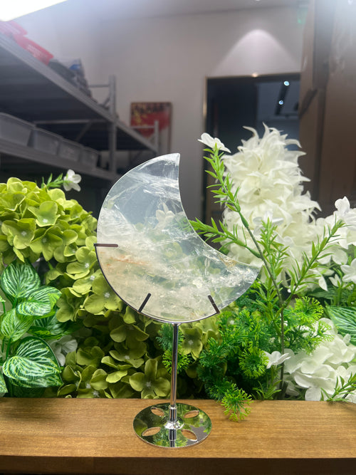 Clear Quartz Moon Carving with Metal Stand(Medium, 5.76", 1.215lb)
