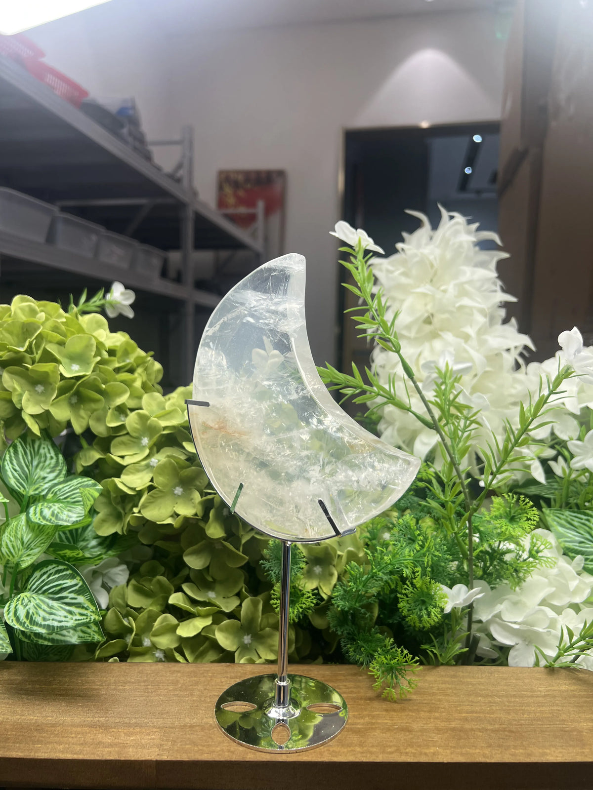 Medium Clear Quartz Moon Carving with Metal Stand – 5.8-Inch Natural Stone Sculpture