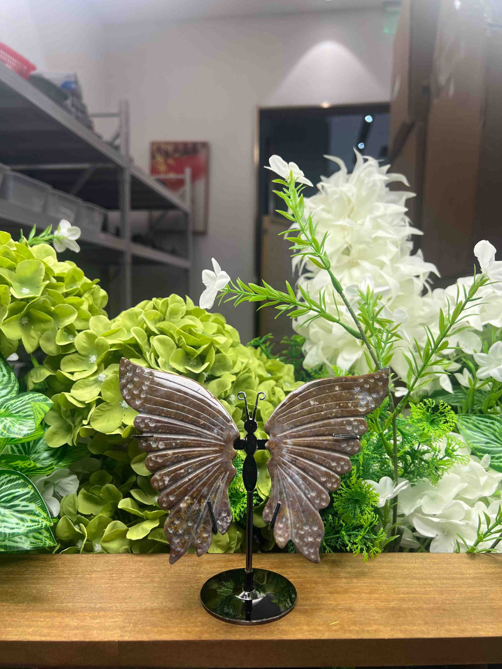 Ocean Jasper Butterfly Carving with Metal Stand (Small, 4.69",0.56lb)