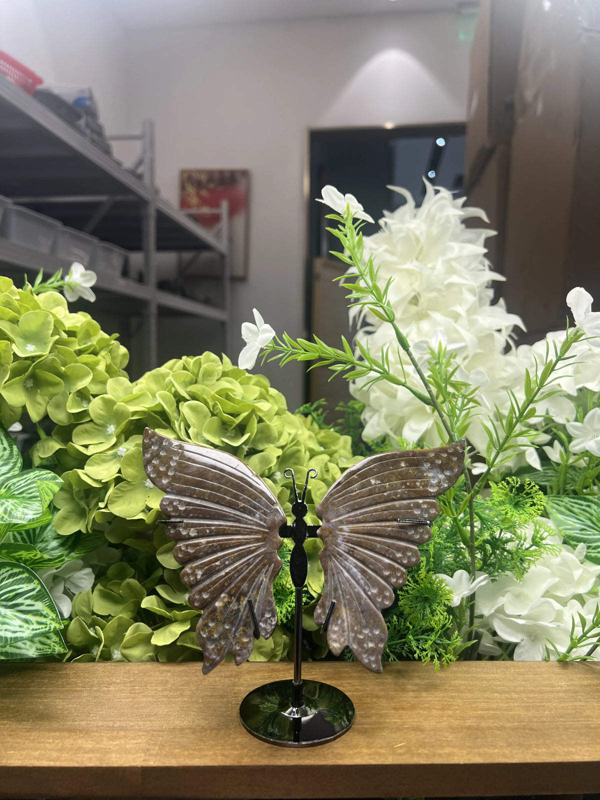 Small Ocean Jasper Butterfly Carving with Metal Stand – 4.7-Inch Wingspan Natural Stone Sculpture