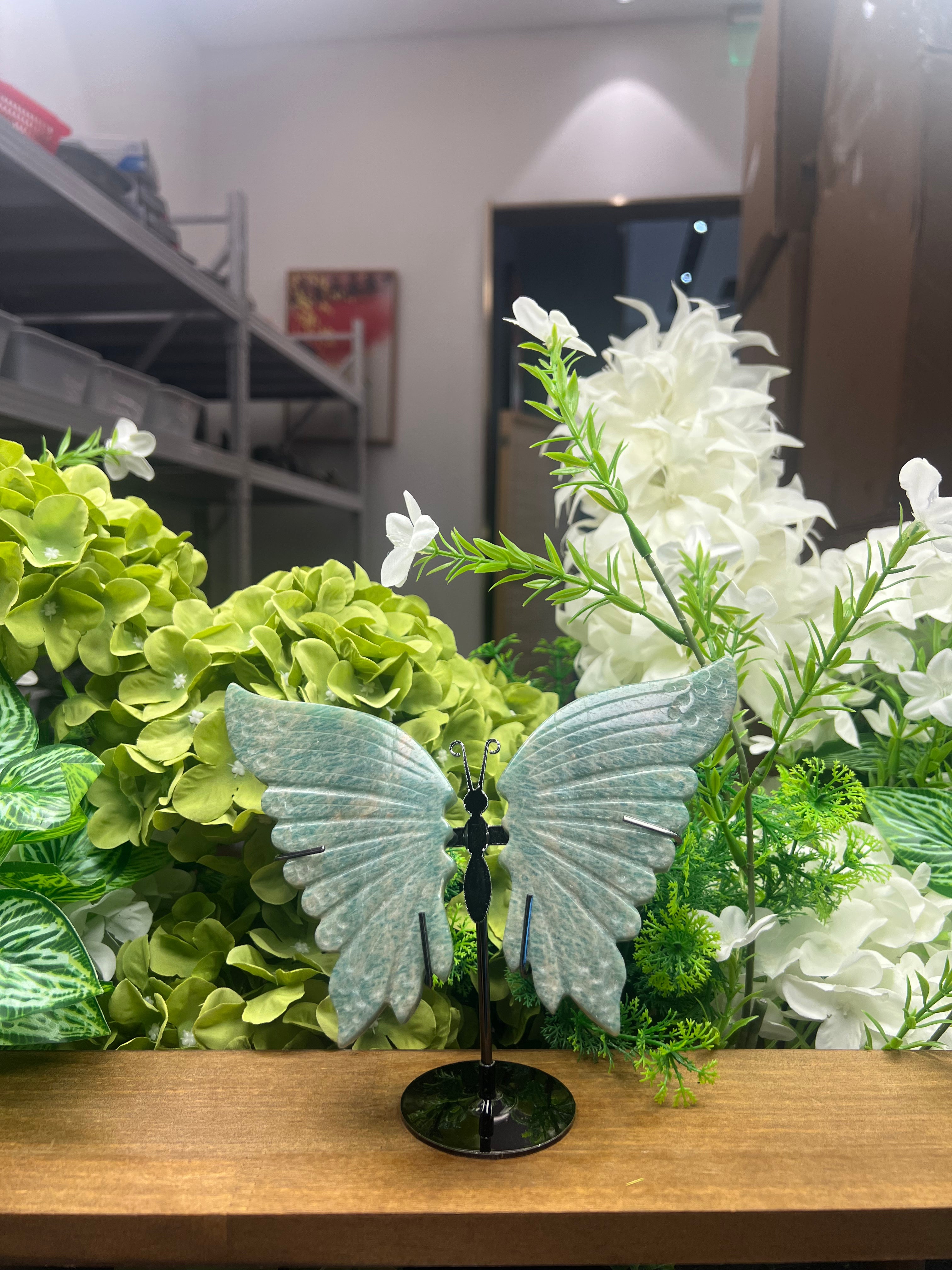 Amazonite Butterfly Carving with Metal Stand (Small, 4.72",0.565lb)