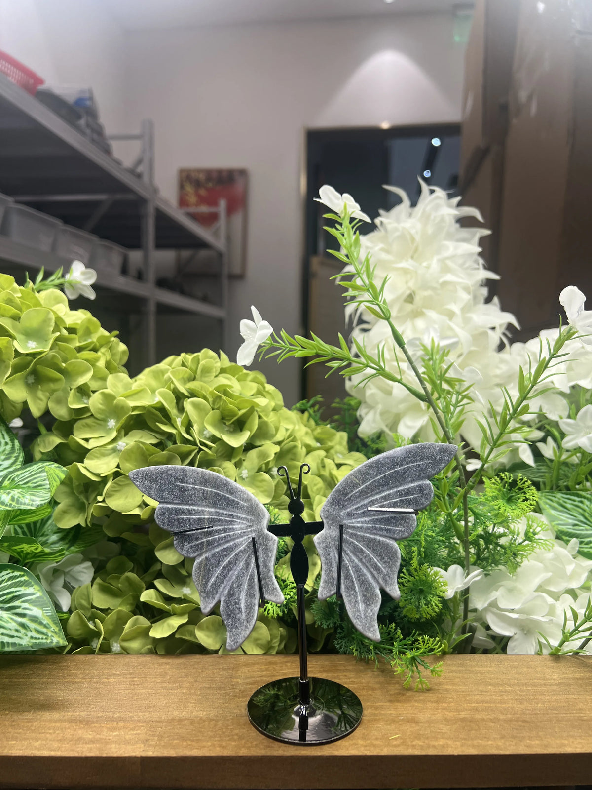 Small Troilite Butterfly Carving with Metal Stand – 3.8-Inch Wingspan Natural Stone Sculpture