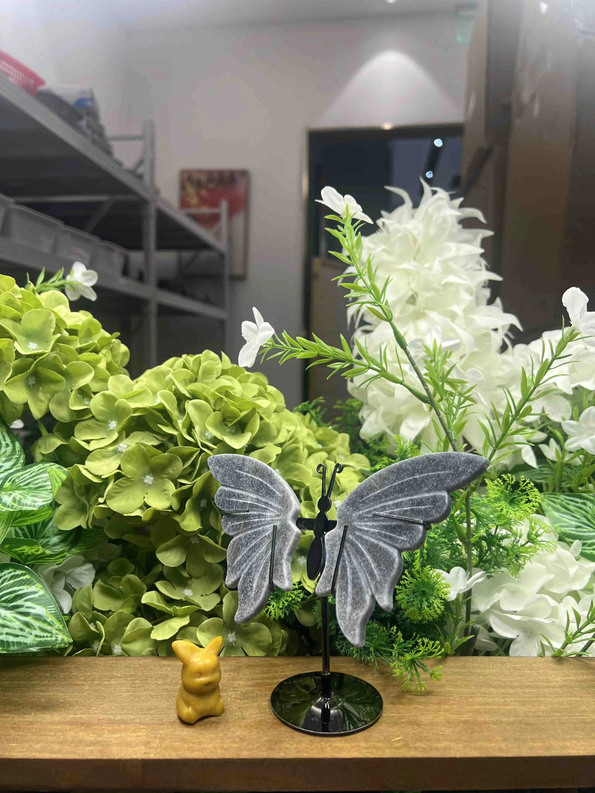 Small Troilite Butterfly Carving with Metal Stand – 3.8-Inch Wingspan Natural Stone Sculpture