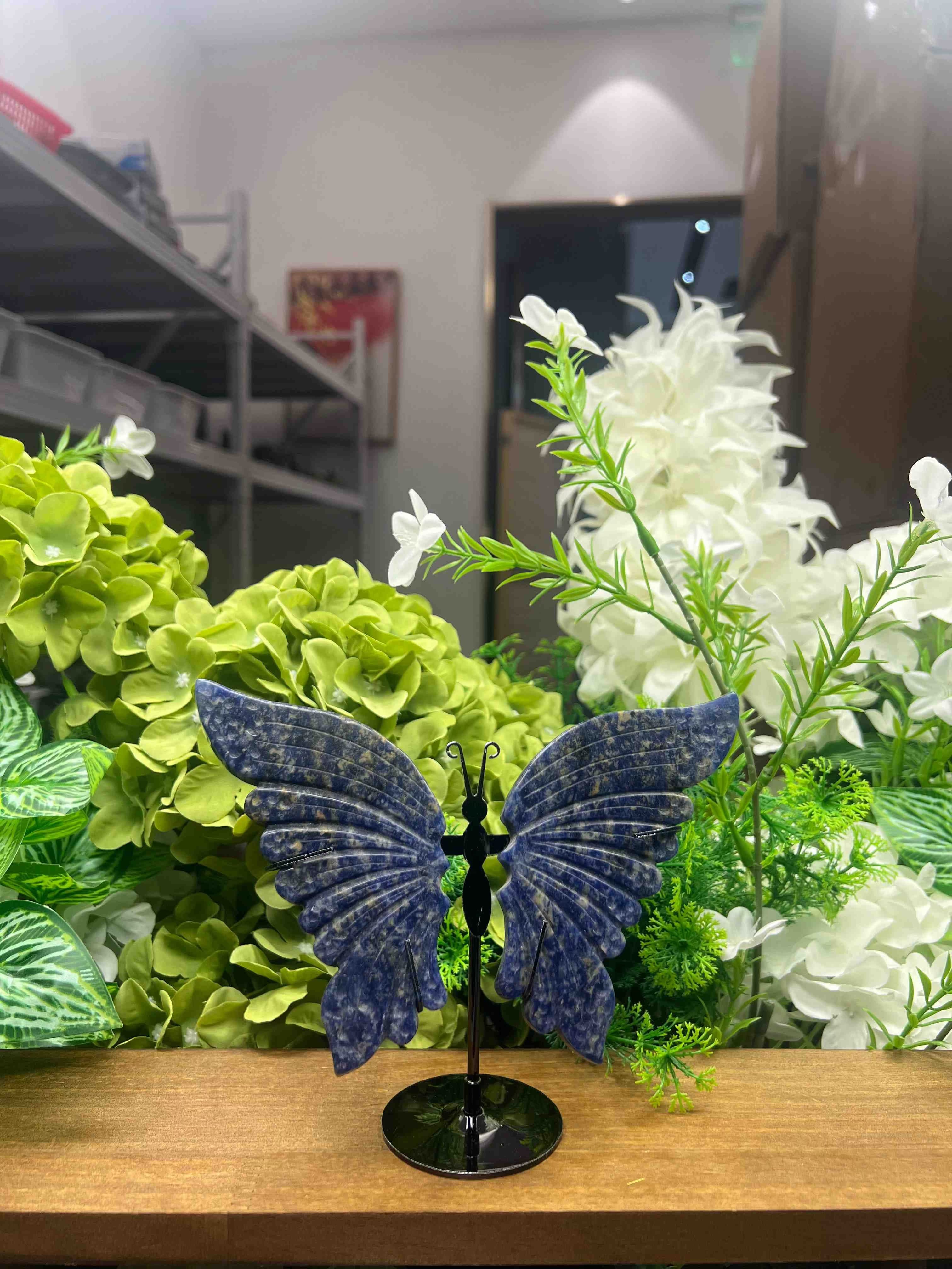 Blue Sodalite Butterfly Carving with Metal Stand (Small, 4.65",0.50lb)
