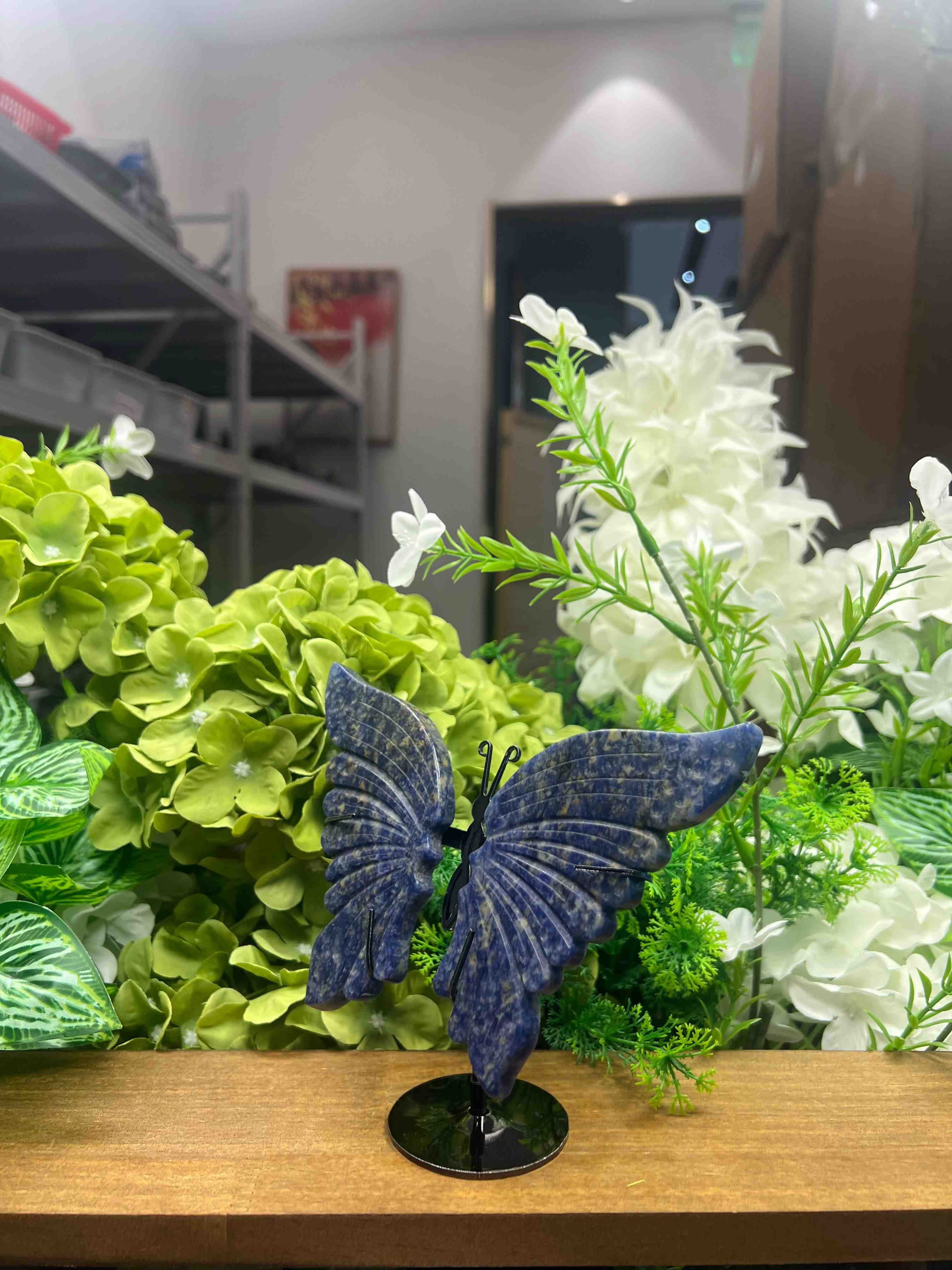 Blue Sodalite Butterfly Carving with Metal Stand (Small, 4.65",0.50lb)