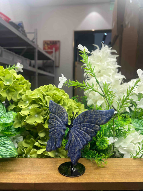 Blue Sodalite Butterfly Carving with Metal Stand (Small, 4.65",0.50lb)