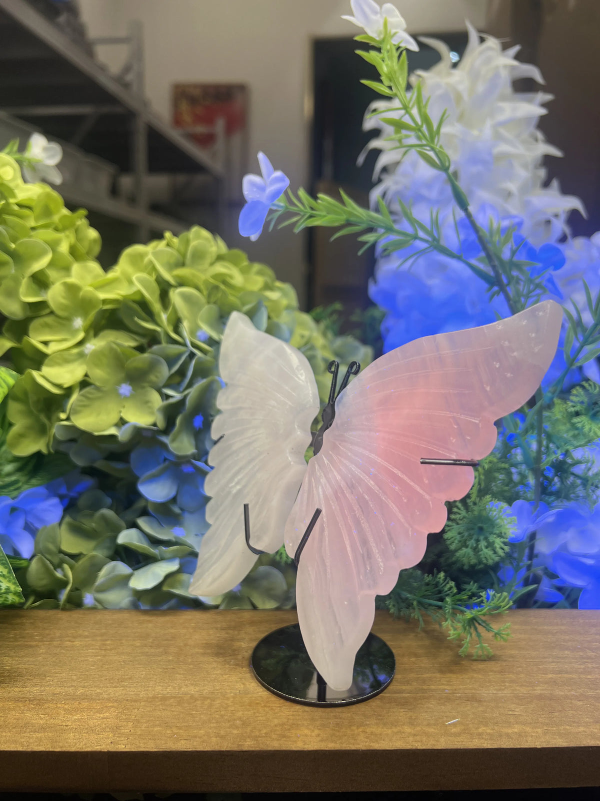 Small Mangano Calcite Butterfly Carving with Metal Stand – 4.9-Inch Wingspan Natural Stone Sculpture