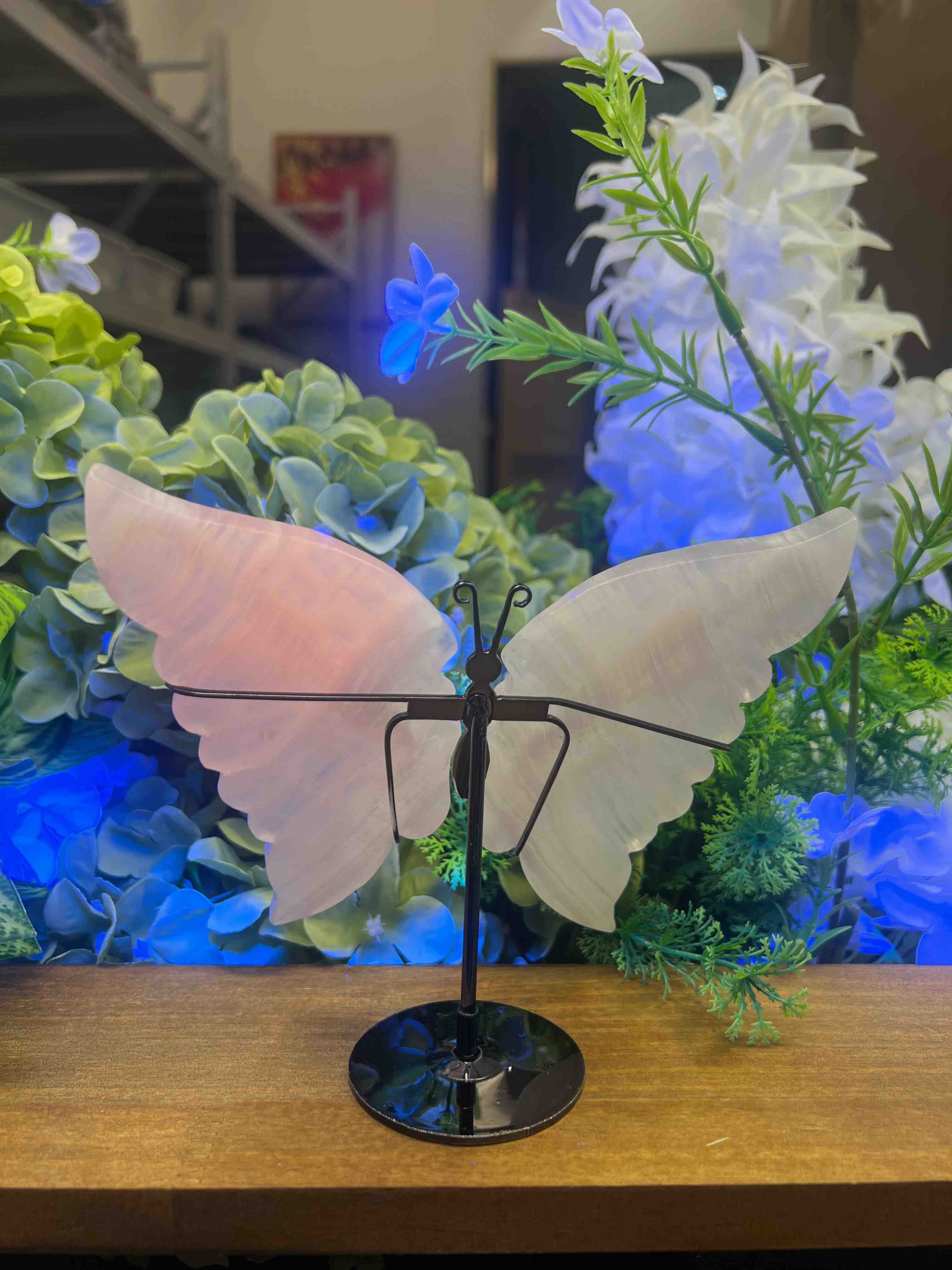 Mangano Calcite Butterfly Carving with Metal Stand (Small, 4.92",0.635lb)