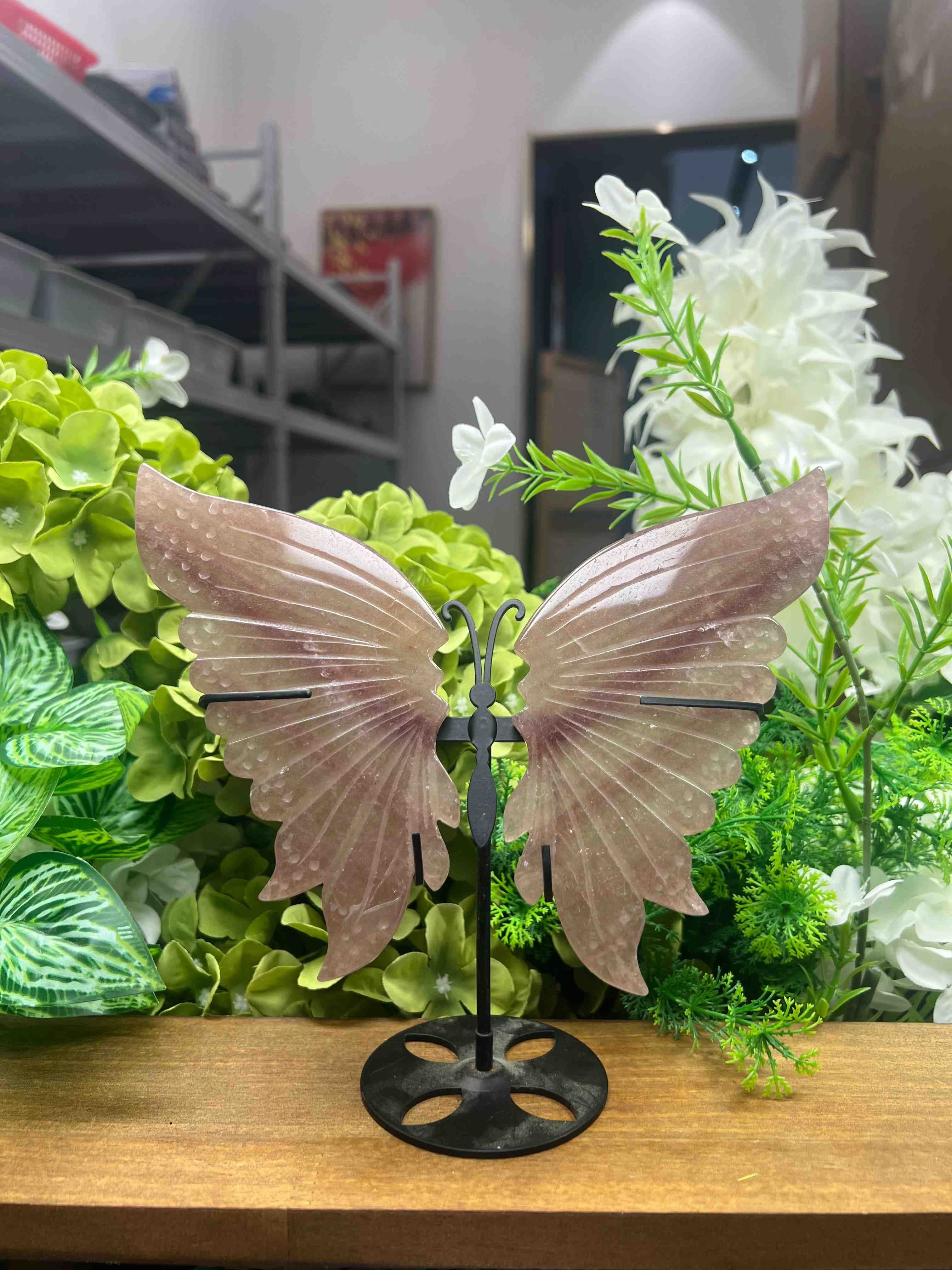 Strawberry Quartz Butterfly Carving with Metal Stand (Medium, 6.05",0.76lb)