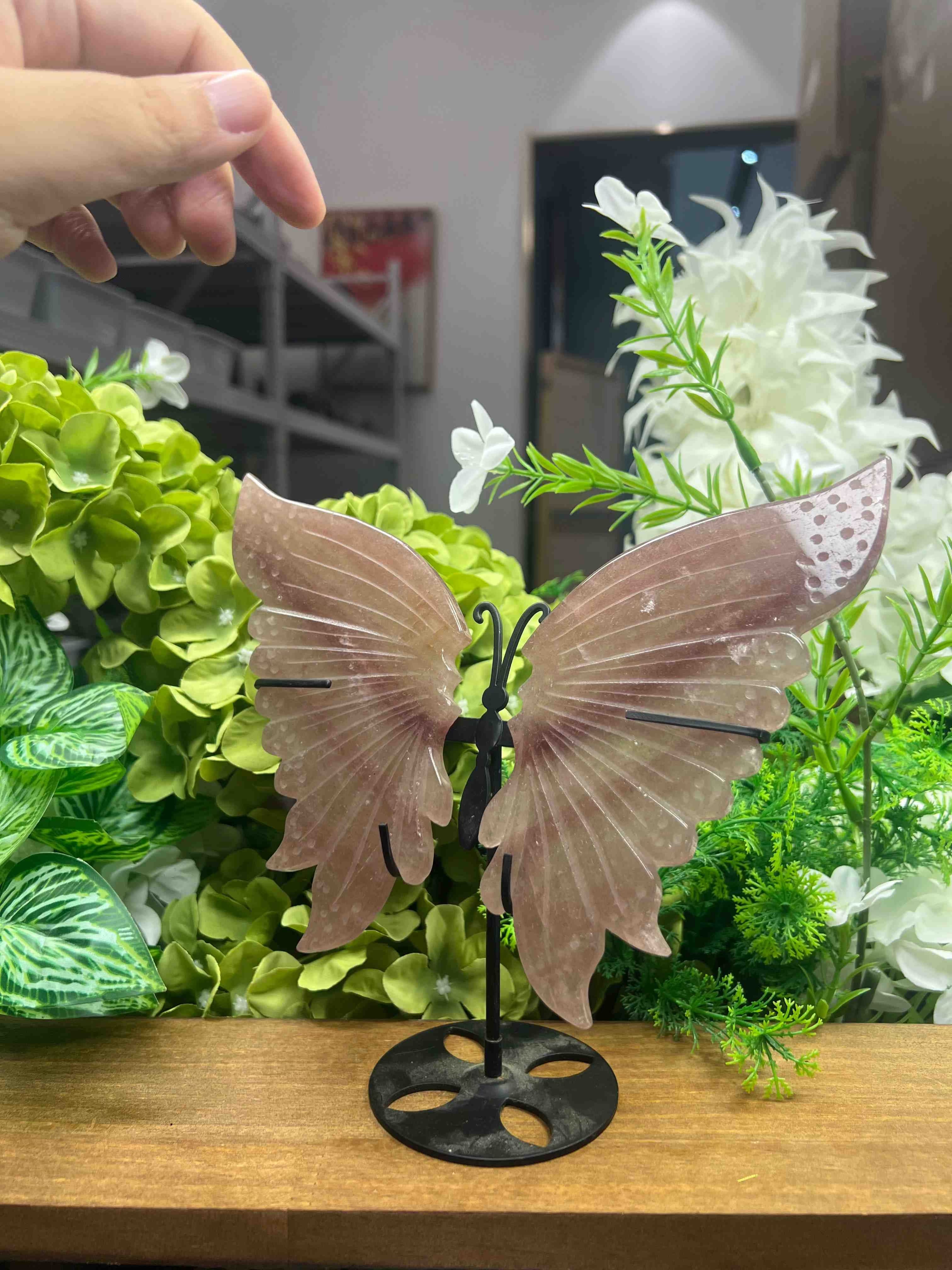 Strawberry Quartz Butterfly Carving with Metal Stand (Medium, 6.05",0.76lb)
