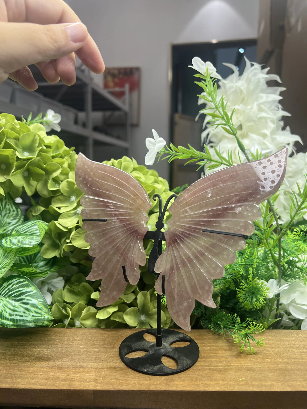 Medium Strawberry Quartz Butterfly Carving with Metal Stand – 6-Inch Wingspan Natural Stone Sculpture