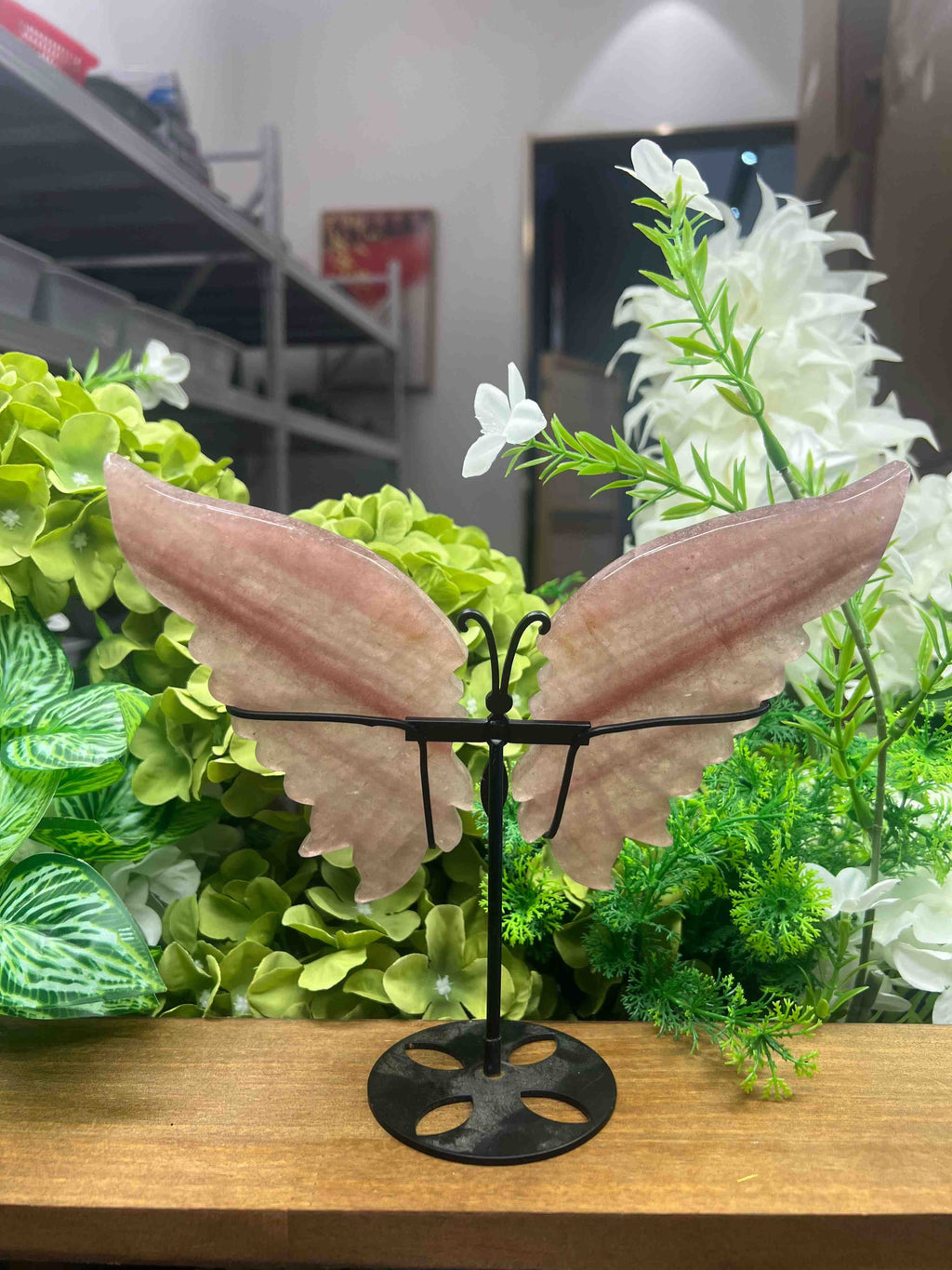 Strawberry Quartz Butterfly Carving with Metal Stand (Medium, 6.05",0.76lb)