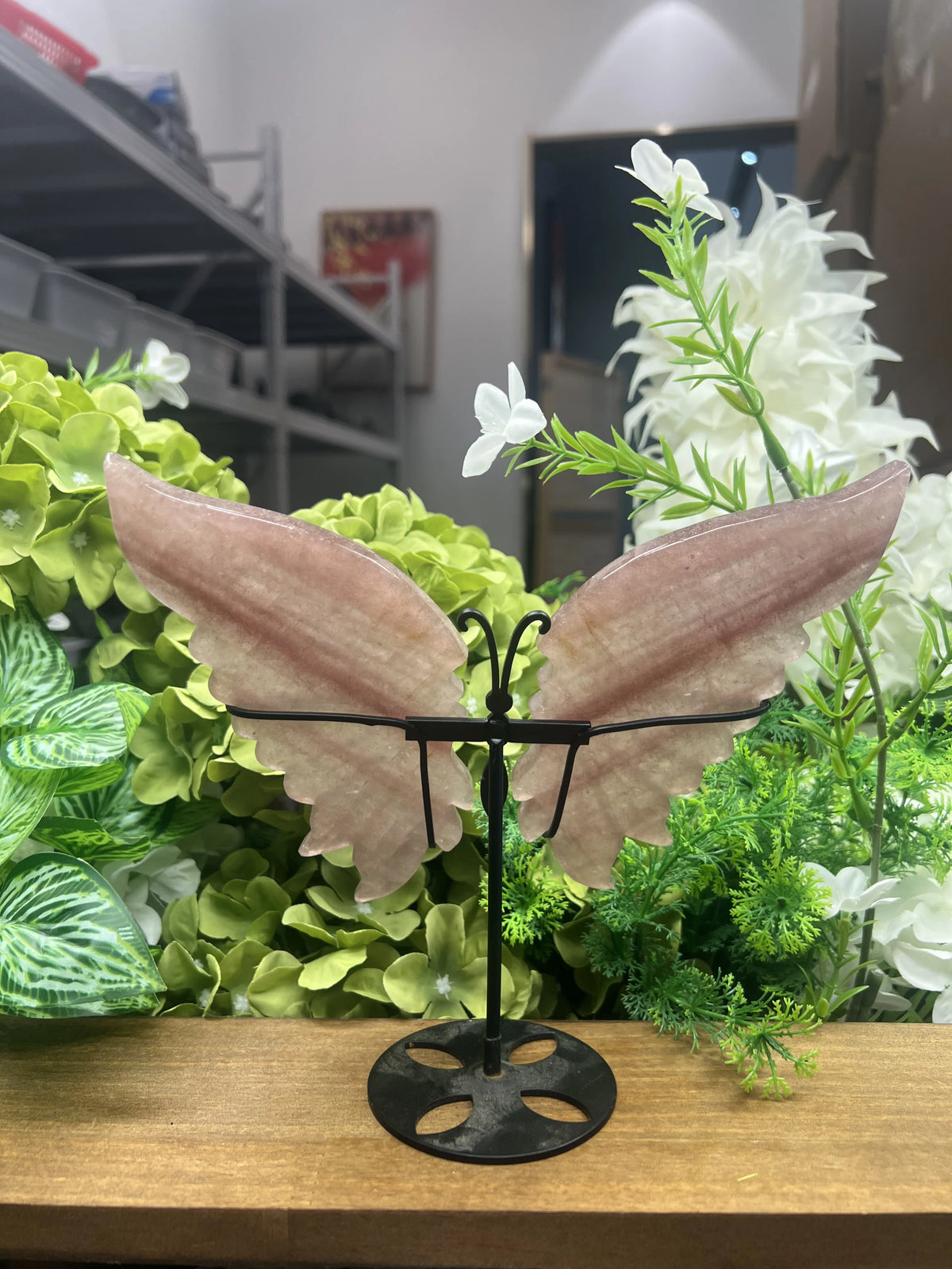 Medium Strawberry Quartz Butterfly Carving with Metal Stand – 6-Inch Wingspan Natural Stone Sculpture