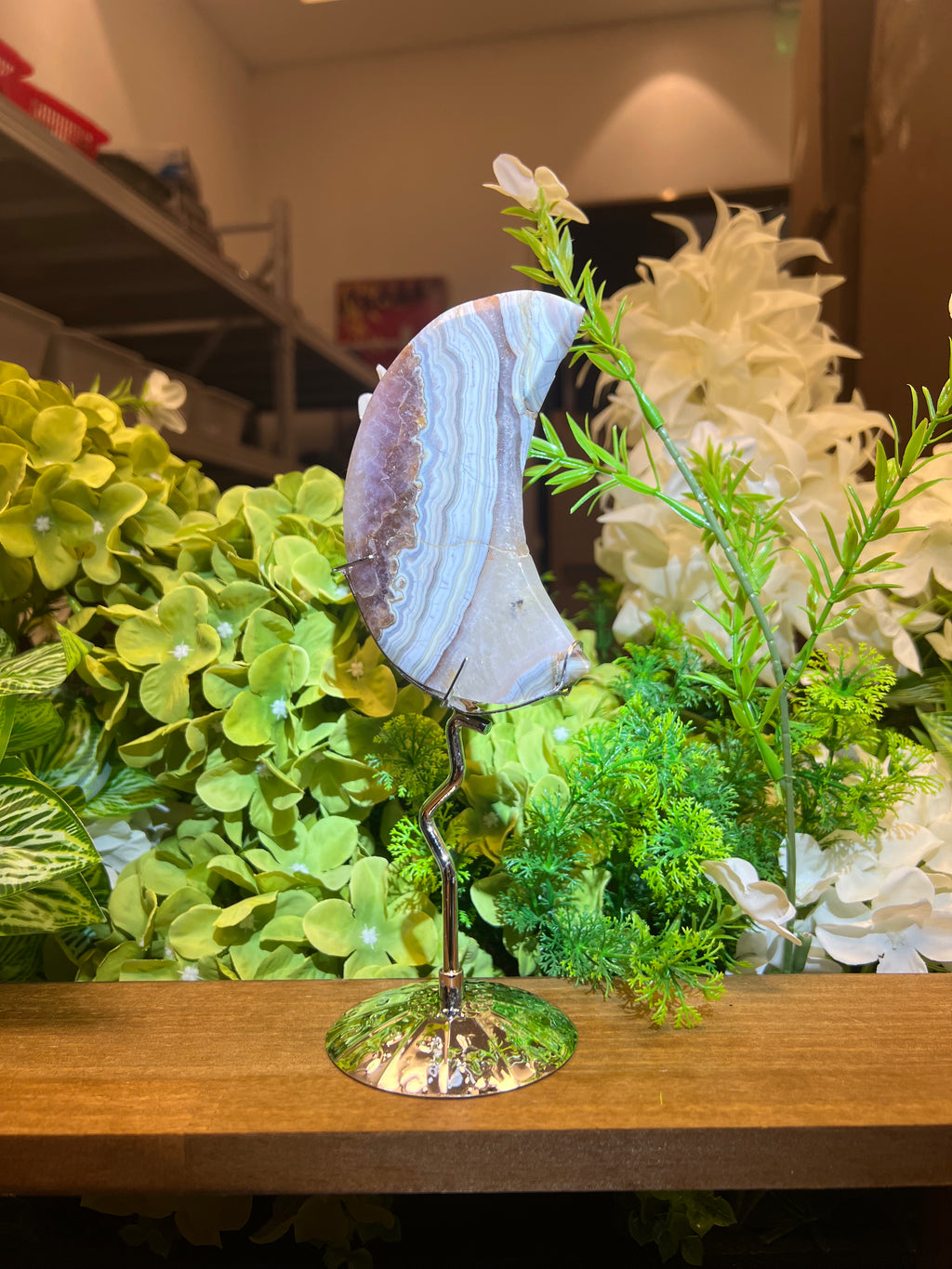 Crazy Lace Amethyst Moon Carving with Metal Stand(Small, 4.24", 0.505lb)