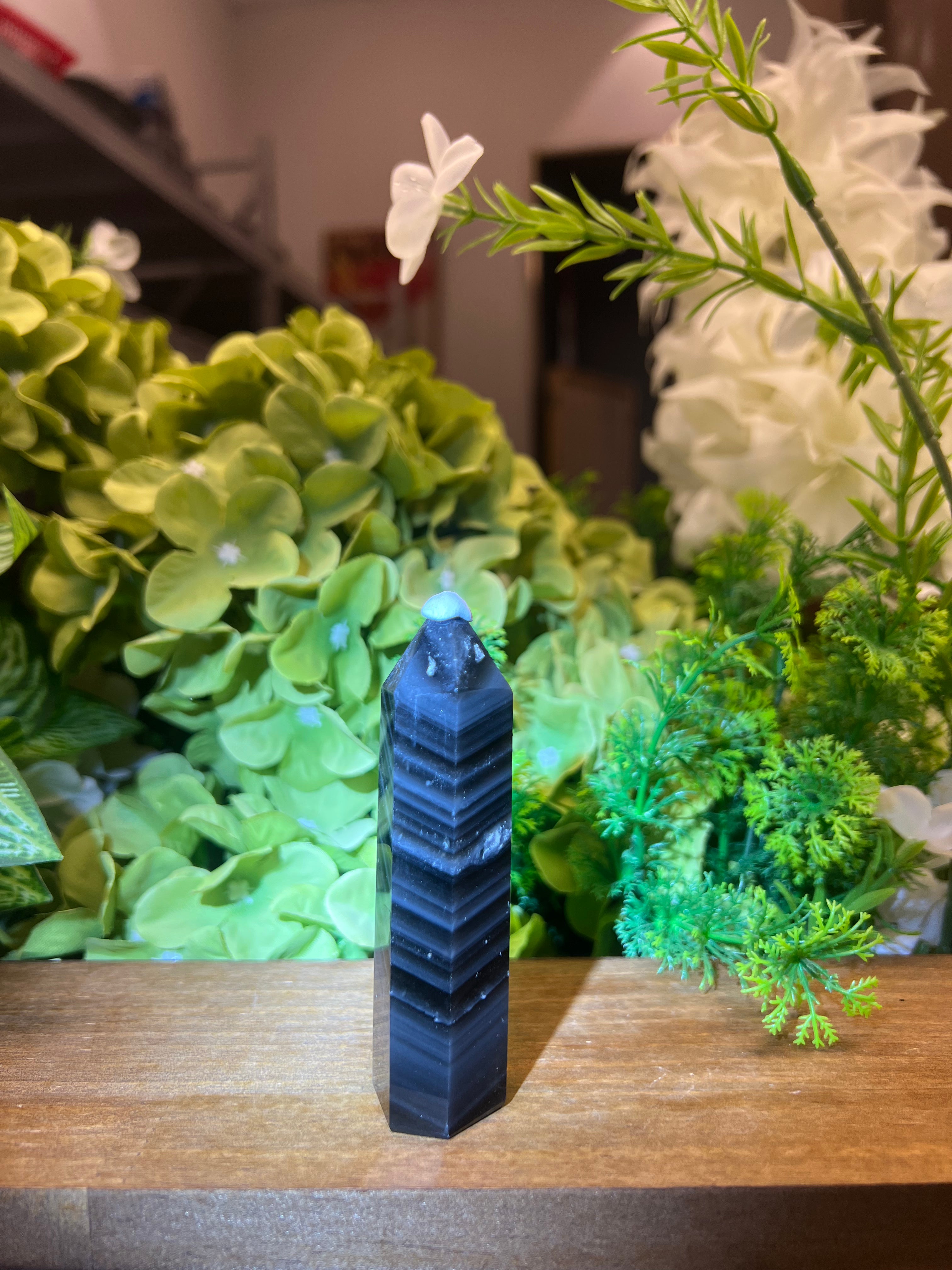 Icy Black Obsidian Tower (Small, 0.82*0.82*3.53, 0.16lb) - Art Deco Crystals
