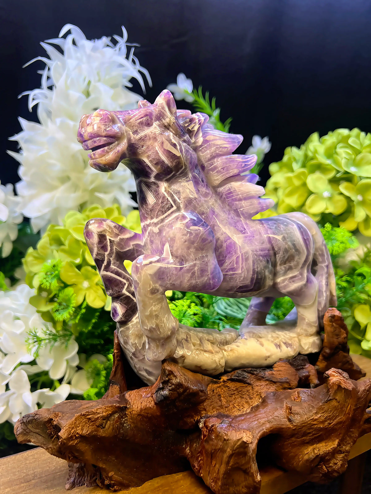 Dream Amethyst Prancing Horse with Wooden Stand – 11.5-Inch Hand-Carved Crystal Sculpture, One-of-a-Kind
