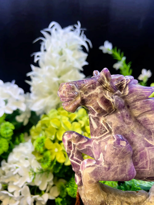 Dream Amethyst Prancing Horse with Wooden Stand – 11.5-Inch Hand-Carved Crystal Sculpture, One-of-a-Kind