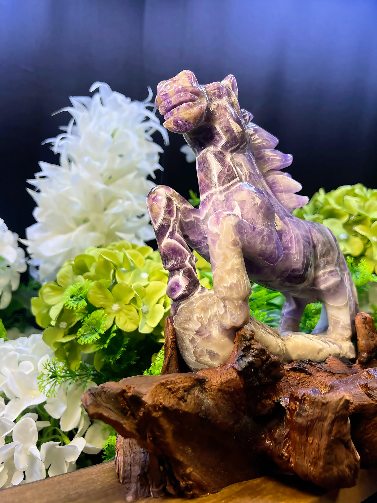 Dream Amethyst Prancing Horse with Wooden Stand – 11.5-Inch Hand-Carved Crystal Sculpture, One-of-a-Kind